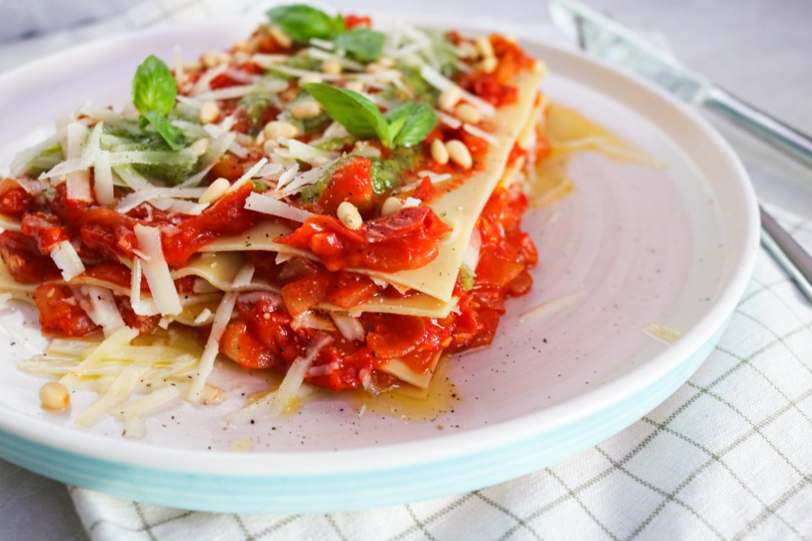 Verse lasagne met pesto en tomaten - Healthtastic